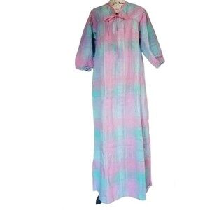 Vintage Lady Ronte Plaid Pink Green Blue Mumu House Dress Smock Women  Medium
